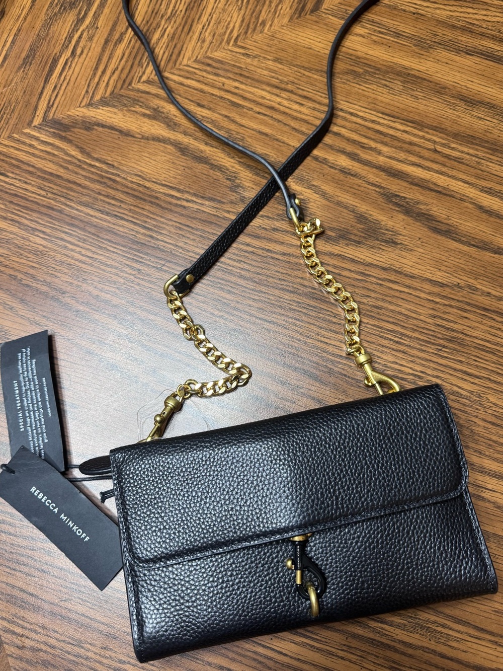 Rebecca Minkoff Black Pebbled Leather Chain-Strap Crossbody Wallet